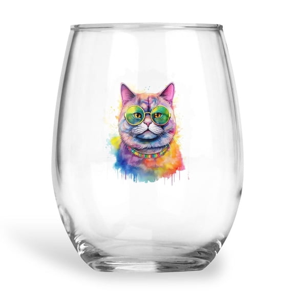 Hippie British Shorthair Portrait oil painting Watercolor Tie-dye Vintage 15oz Stemless Wine Glass Mug Cat Lover Kitten Owner Gifts Wine Glasses Cup - 00015