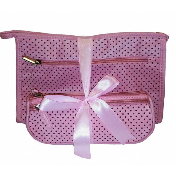 2 Piece High Fashion Print Cosmetic Makeup Bag Matching Set Pencil Bag and Makeup Case Pink Polka Dots