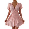 thumbnail image 2 of Jzuxvd Women's Plus Size Wrap V Neck Short Sleeve Ruffle Hem A Line Short Dress Pink S, 2 of 6