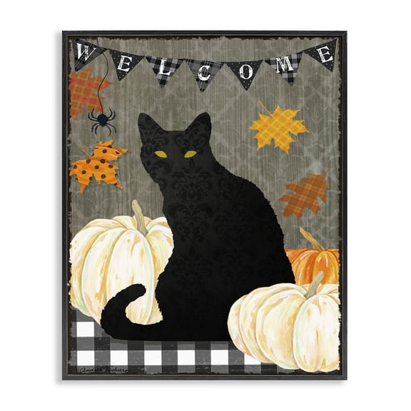 Stupell Industries Traditional Black Cat Halloween Welcome Black Framed Giclee Art, 11 x 14, by Andrea Tachiera