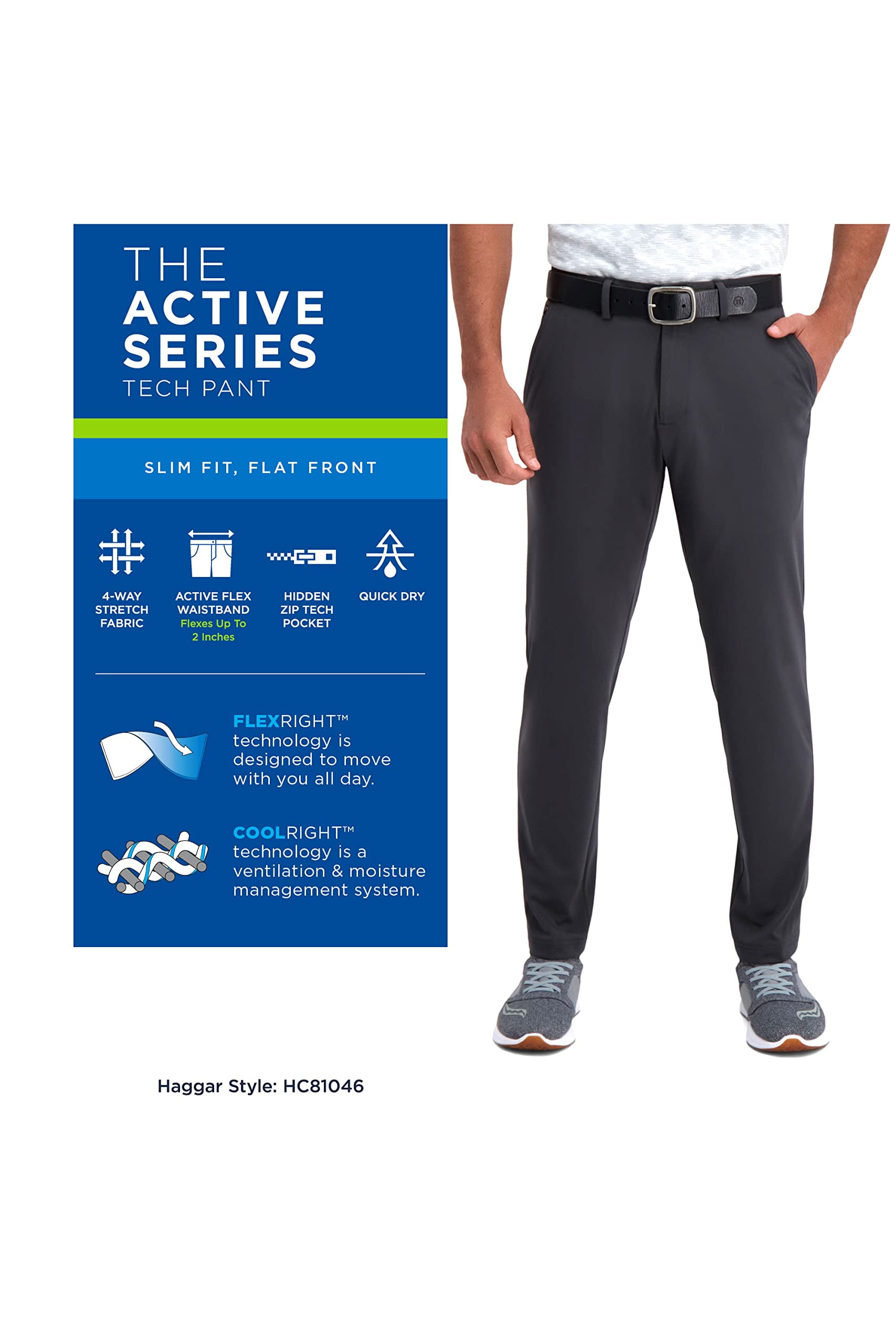 Haggar Men's Active Series Straight Fit Comfort Pant - Elastic Waist, Flat Front, Moisture-Wicking