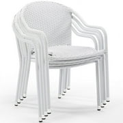 Pemberly Row Outdoor All Weather Wicker Resin Patio Stackable Chair in White (Set of 4)