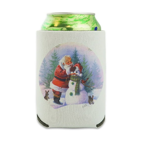 Christmas Holiday Santa Making Building Snowman Can Cooler - Drink Sleeve Hugger Collapsible Insulator - Beverage Insulated Holder