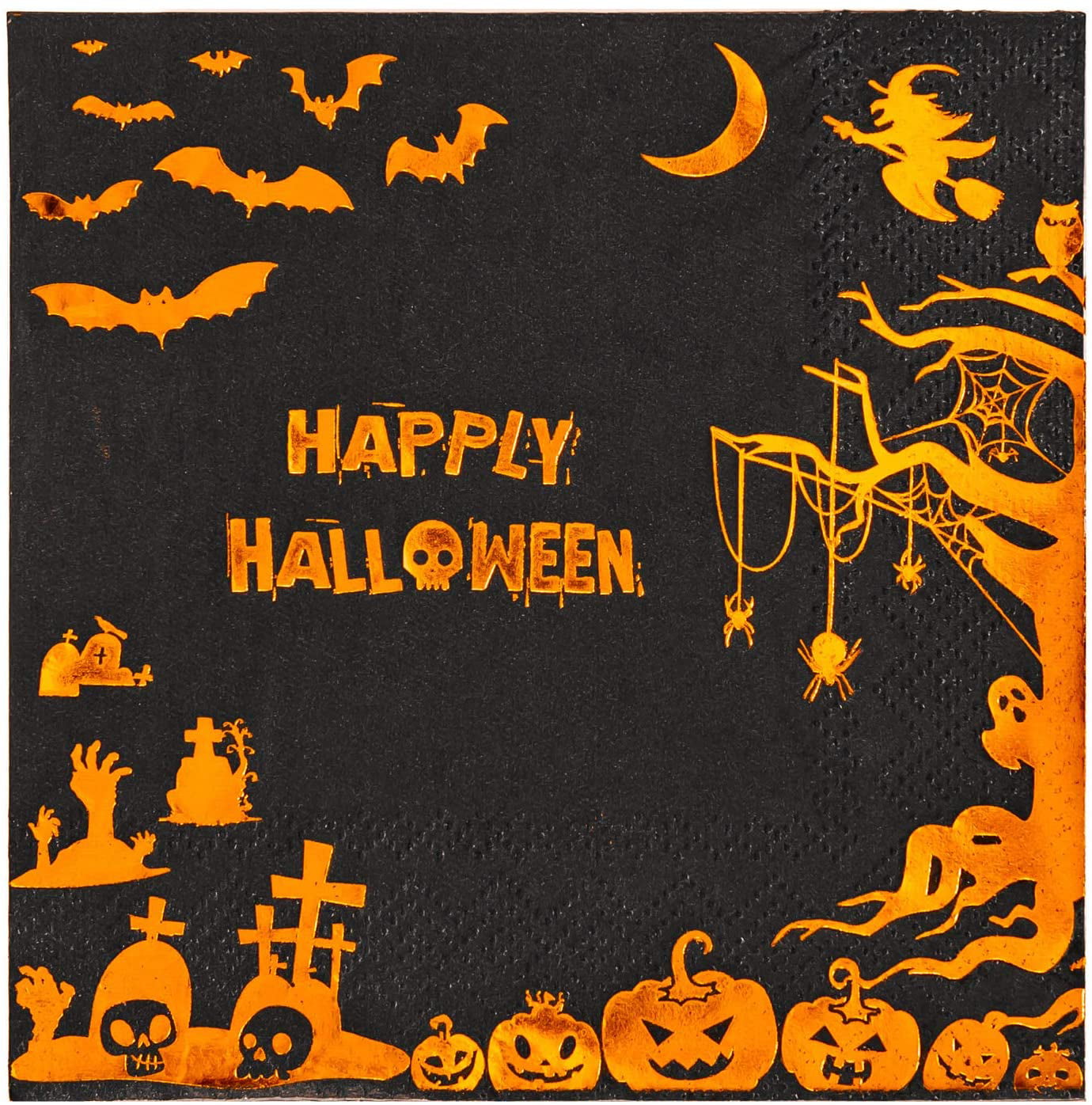 3-Ply Crisky Happy Halloween Disposable Cocktail Napkins for Halloween Dinner Party Decorations Orange Gold Foil 50 Pcs 