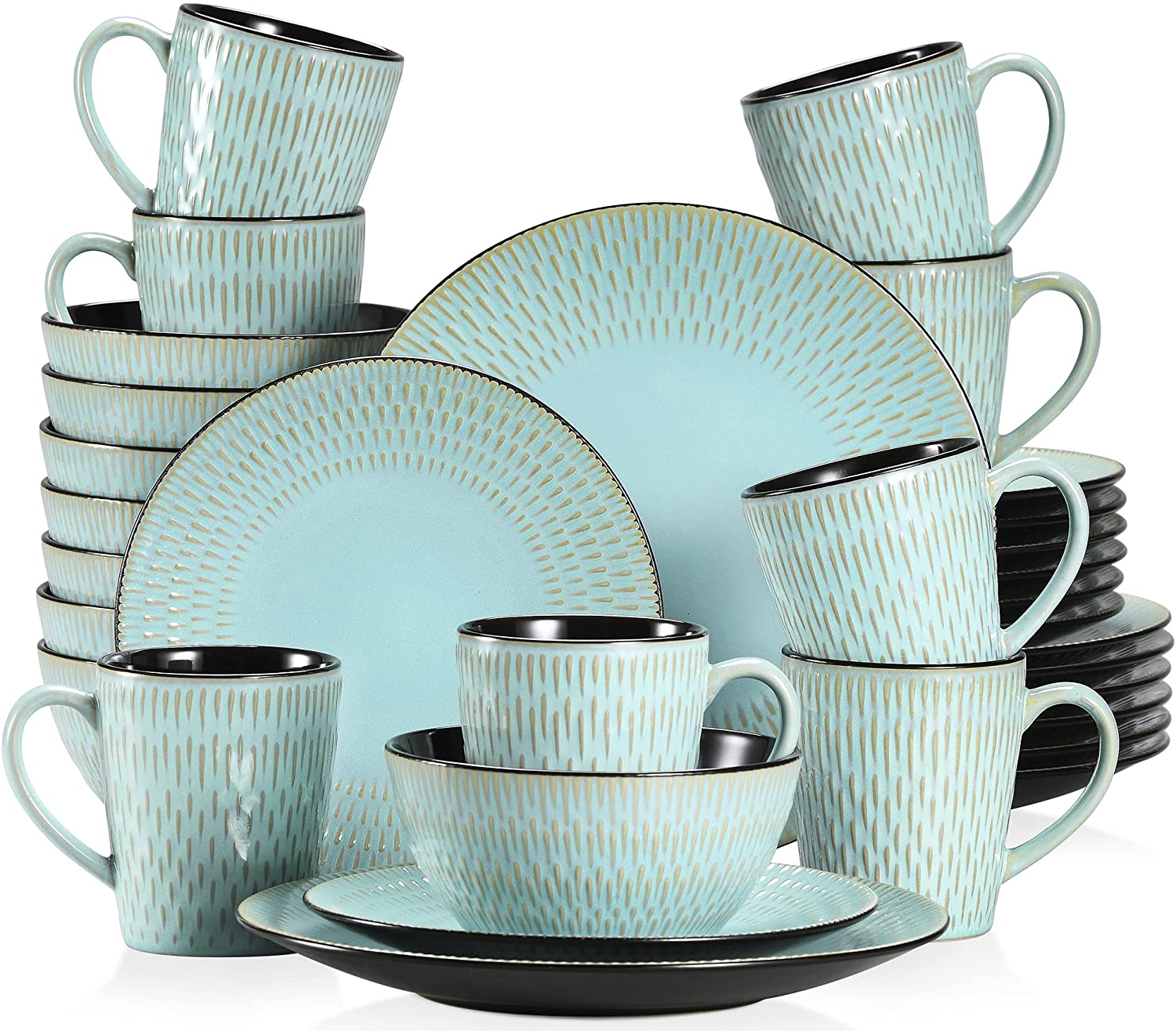 Vancasso Serie Pluvo – Servizio Da 32 Pezzi In Stoneware Vintage – Piatti, Ciotole E Tazze Per 8 Persone – Lavastoviglie E Microonde
