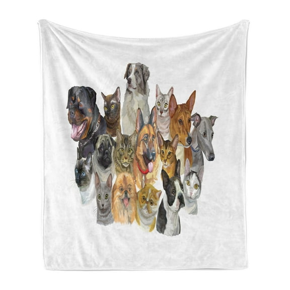 Pet Lover Soft Flannel Fleece Throw Blanket, Portrayal Group of Vibrant Shaded Pets Cats and Dogs Australian Shepherd, Cozy Plush for Indoor and Outdoor Use, 70" x 90", Multicolor, by Ambesonne