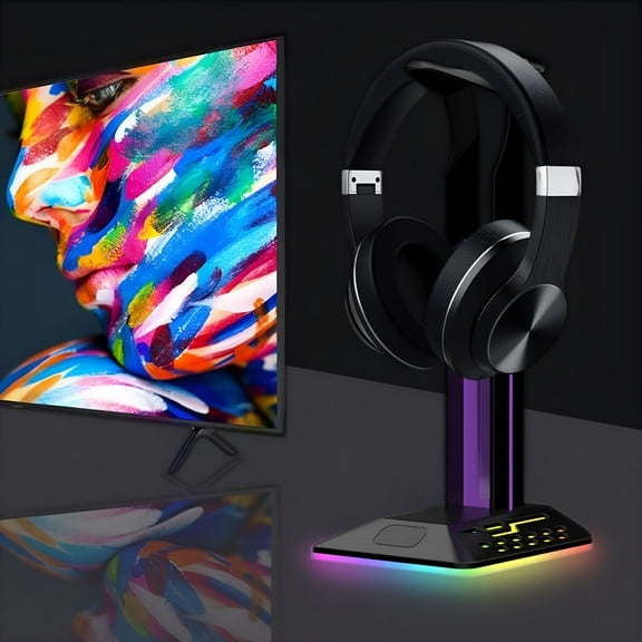 GJX 2-in-1 RGB Headphone Stand with Anti-Slip Base and 2 USB Ports, Gaming Headset Holder and Cable Hook, 7 Color Light Effects for PC Gaming Desk Accessory