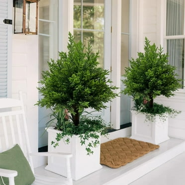 Outdoor Artificial Cedar Topiary Trees with Ground Spikes - Faux Shrubs & Bushes, Versatile Fake Plants for Front Porch, Room & Landscape Decor