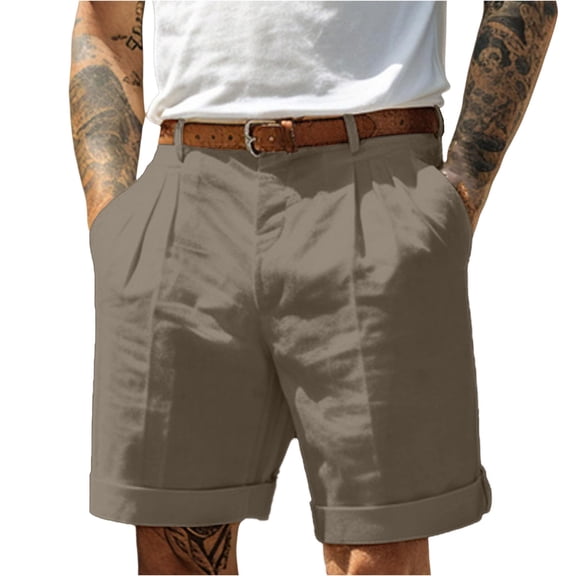 Gaukiv Men's Pleated Shorts Lightweight Casual Beach Bottoms Khaki 3XL
