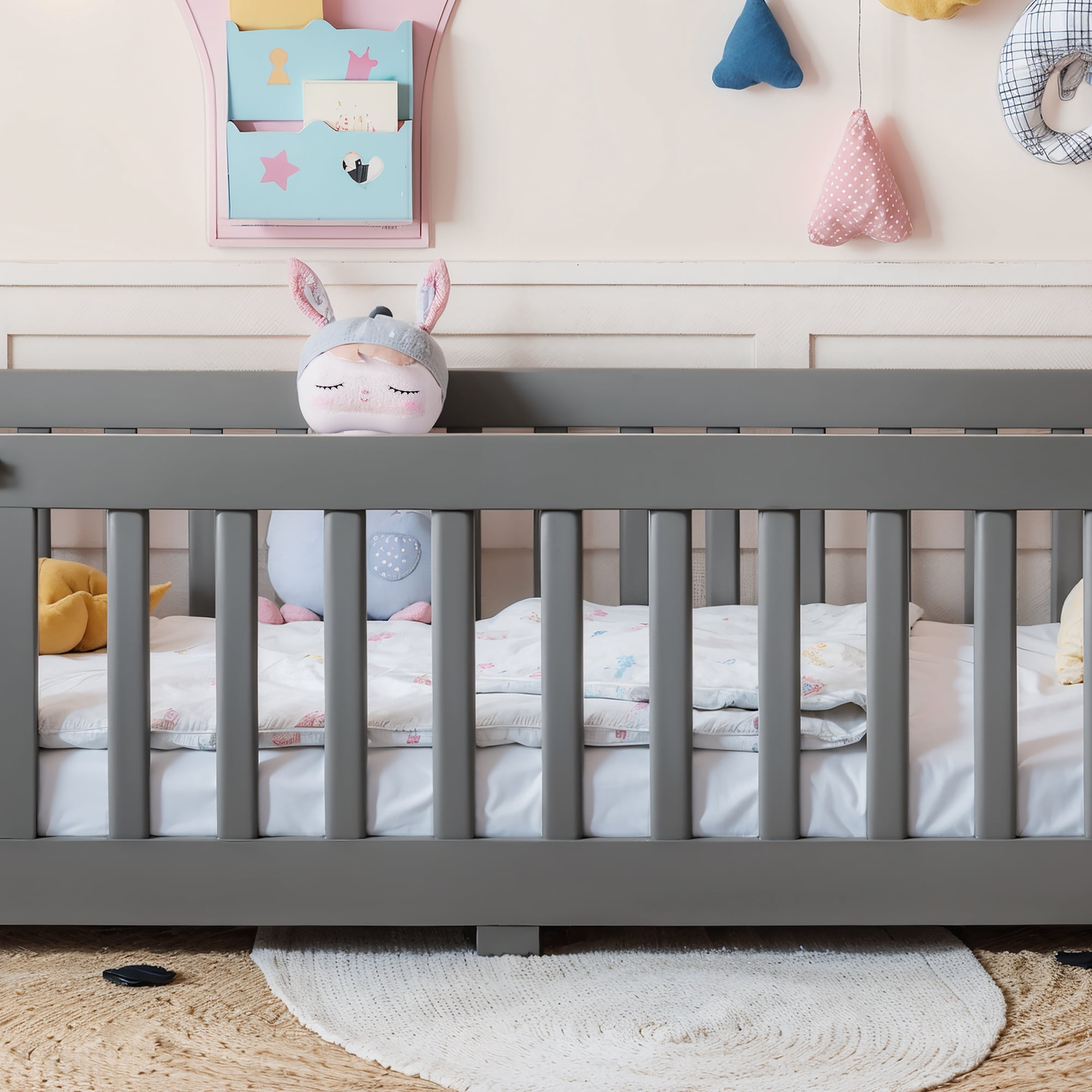 Twin Size Bed Floor Bed with Safety Guardrails and Door for Kids, Gray