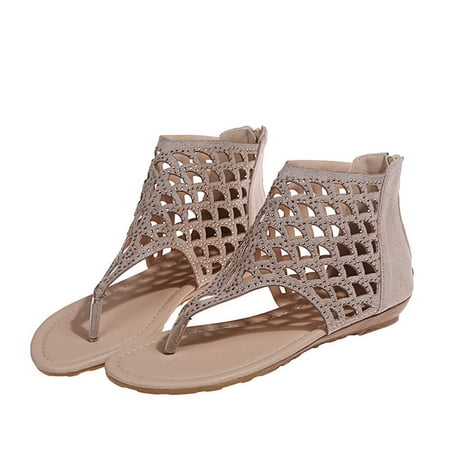 

Summer Deals Feltree Women s Sandals Ladies Summer Rhinestone Hollow Zipper Open Toe Beach Shoes Beige 7.5