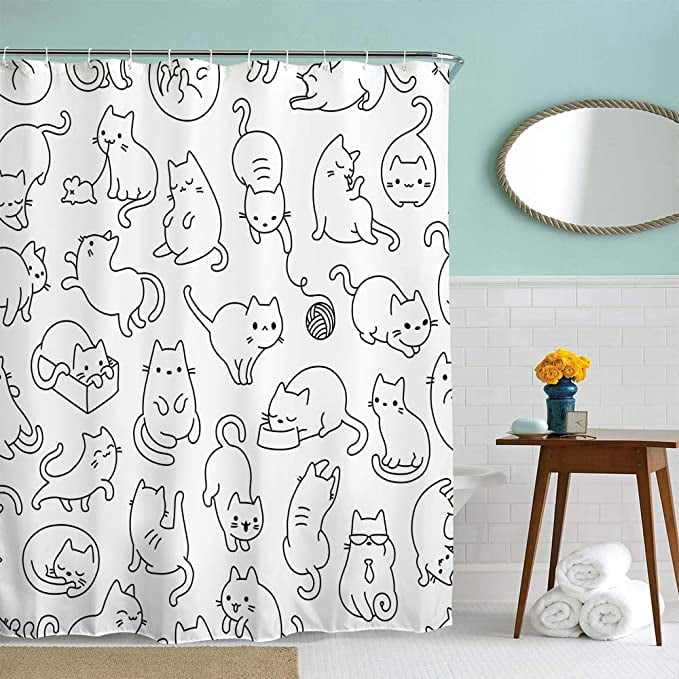 Cortina De Ducha Con Gatitos – 122x72cm (48x72 Pulgadas) – Tela Impermeable Con 12 Ganchos – Decoración Baño Infantil