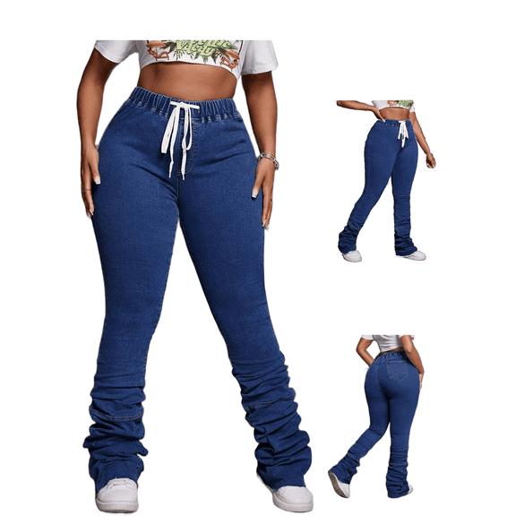 Women'S Oversized Drawstring Elastic Waist Jeans Fit The Body, With A Stacked Flared Design