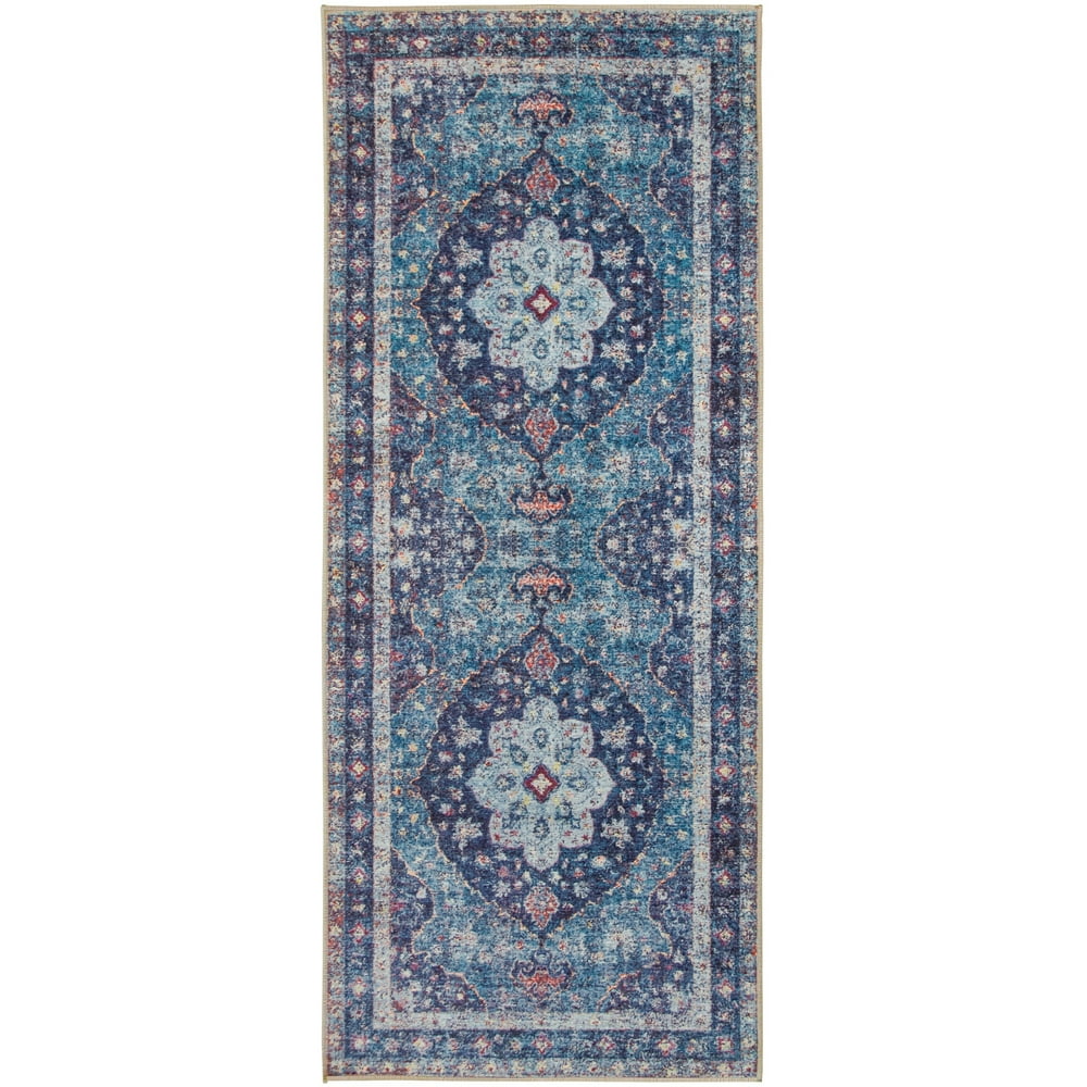 ReaLife Rugs Machine Washable Printed Vintage Distressed Medallion Blue