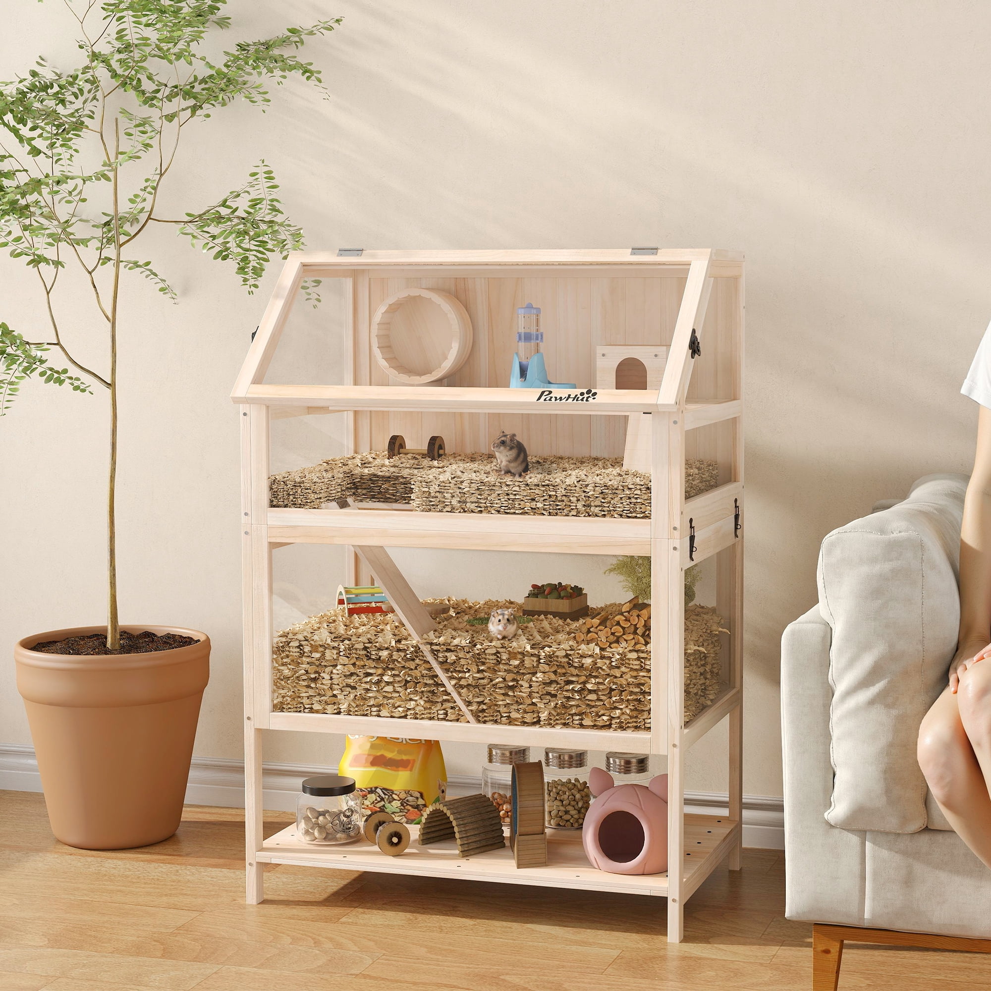 PawHut Wooden Hamster Cage, 3 Tier Small Animal Cage with Detachable Lower Floor, Storage Shelf, Hut, Seesaw, Exercise Wheel, Ramps for Dwarf, Gerbil