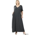 thumbnail image 2 of Zenana Women & Plus Relaxed Fit V-Neck Short Sleeve Full Length Maxi Long Dress w/ Side Pockets, 2 of 3