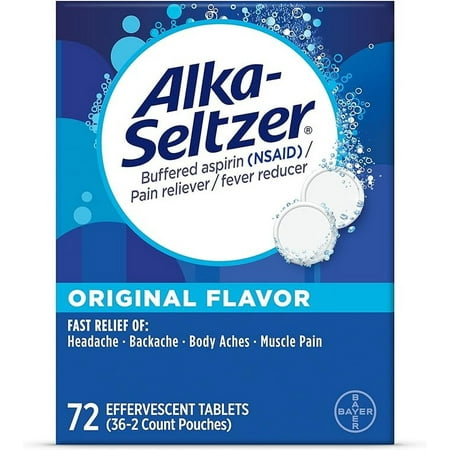 Alka-Seltzer Effervescent Tablets Original Flavor, Fast Multi-Symptom Relief from Headache and Body Ache, Dissolvable Effervescent Fizzy Tablets, 72 Ct (Package May Vary)