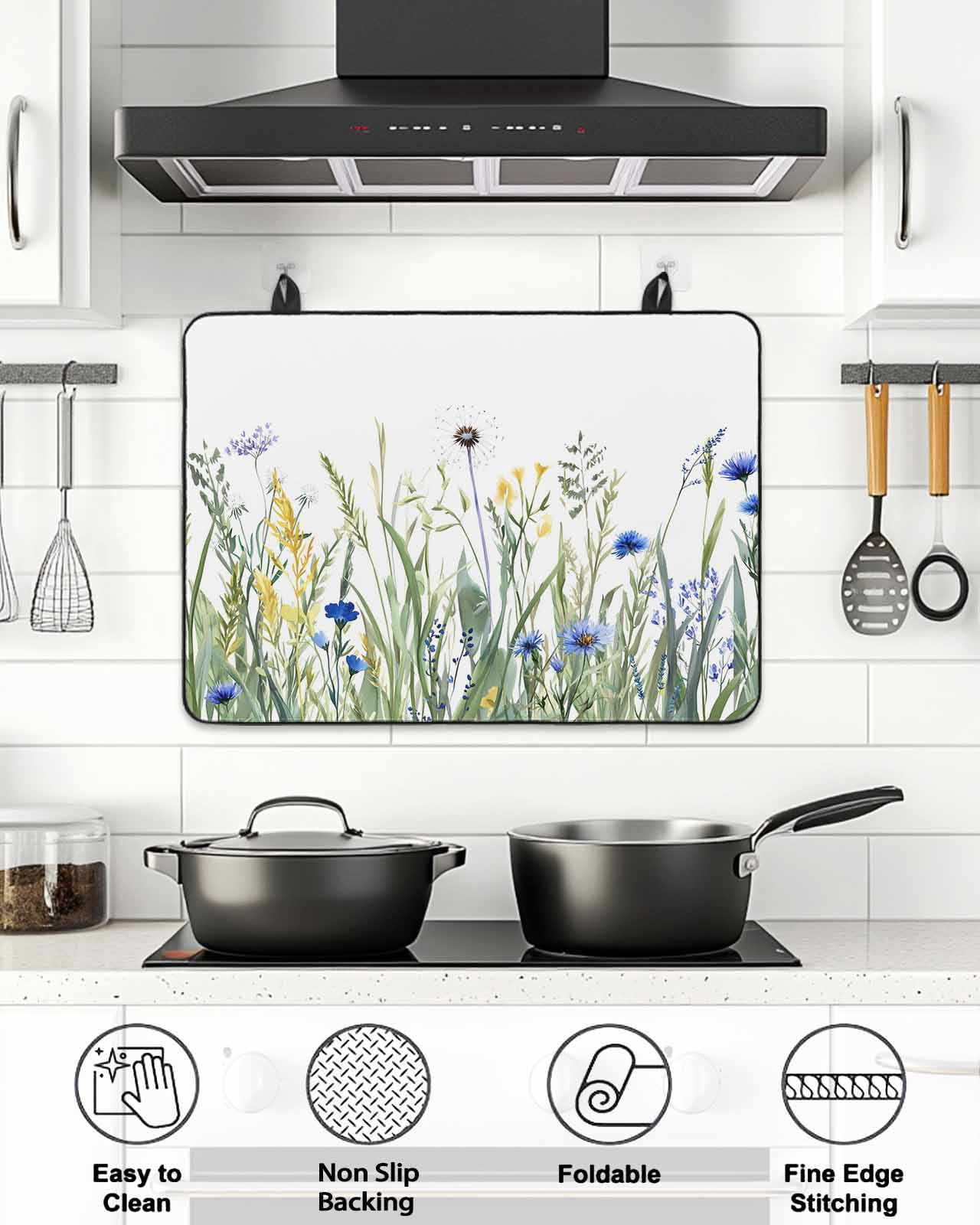 Stove Top Covers for Electric Stove, Botanical Flower Glass Stovetop Cover Protector, Watercolor Colorful Floral Herbs Plants Induction Cooktop Protector Oven Mat for Kitchen Countertop 24"x21"