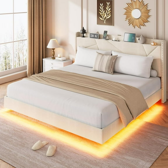 King Floating Bed Frame with LED Lights & Charging Station, Upholstered Platform Beds with Storage Headboard & Folding Shelves Storage, Metal Slats Support, No Box Spring Needed, Beige