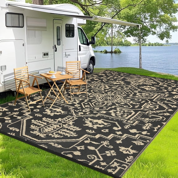 Waterproof 9x12 Outdoor Rug for Patio Reversible Plastic Straw Rug Camping Carpet with Carry Bag, Stain & UV Resistant Portable RV Carpet for Deck Balcony Porch Beach Picnic,Black/Coffee