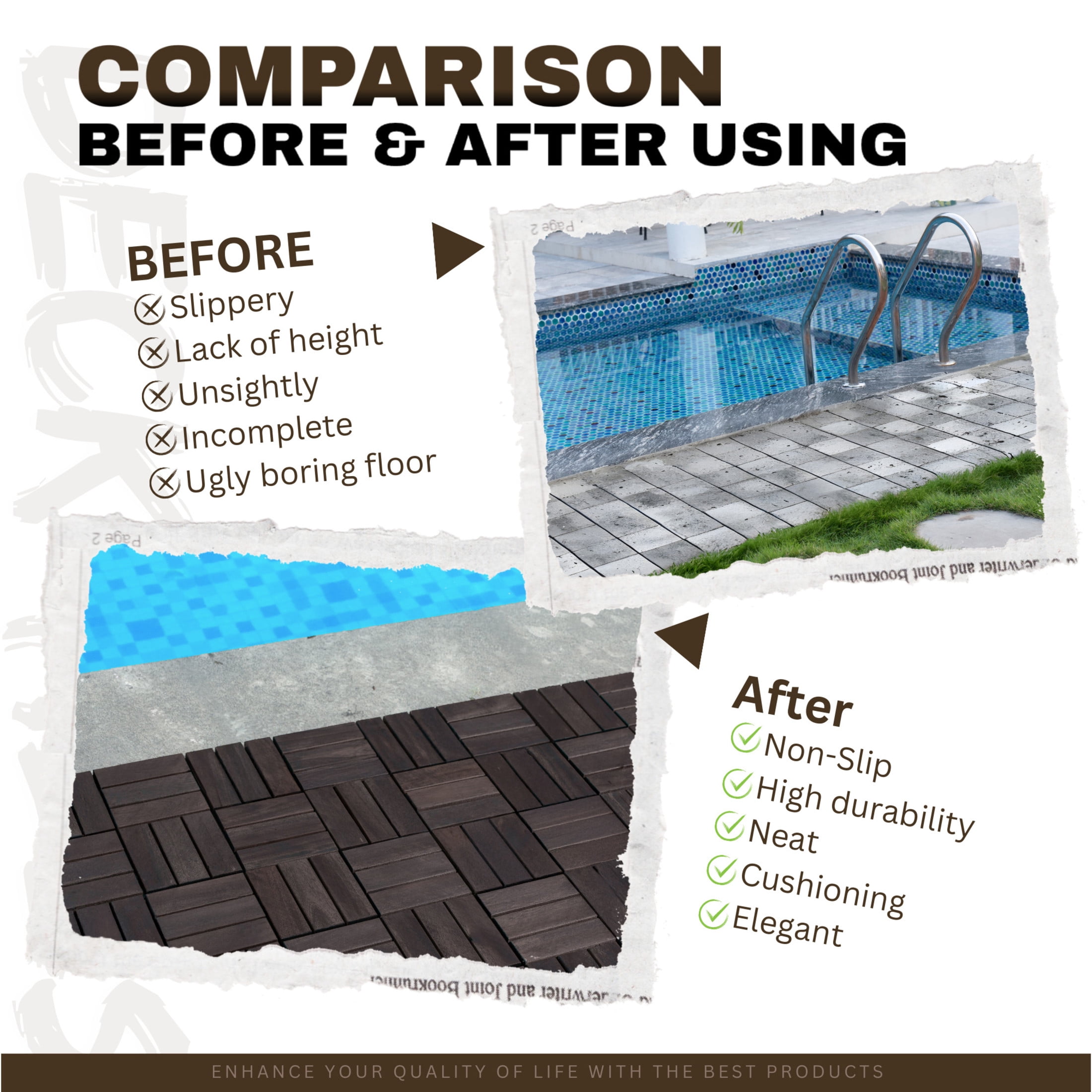 Noble House 12" Checker Acacia Wood Interlocking Deck Tiles, All-Weather Hardwood Patio Flooring, Dark Brown, 10 PCS