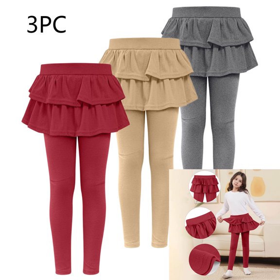 Fancifize 3PC Girl's Leggings with Skirts School Uniform Ruffle Skirt Pants for Girls Kids Strechy Preppy Double Layer Trousers 3-14 Years