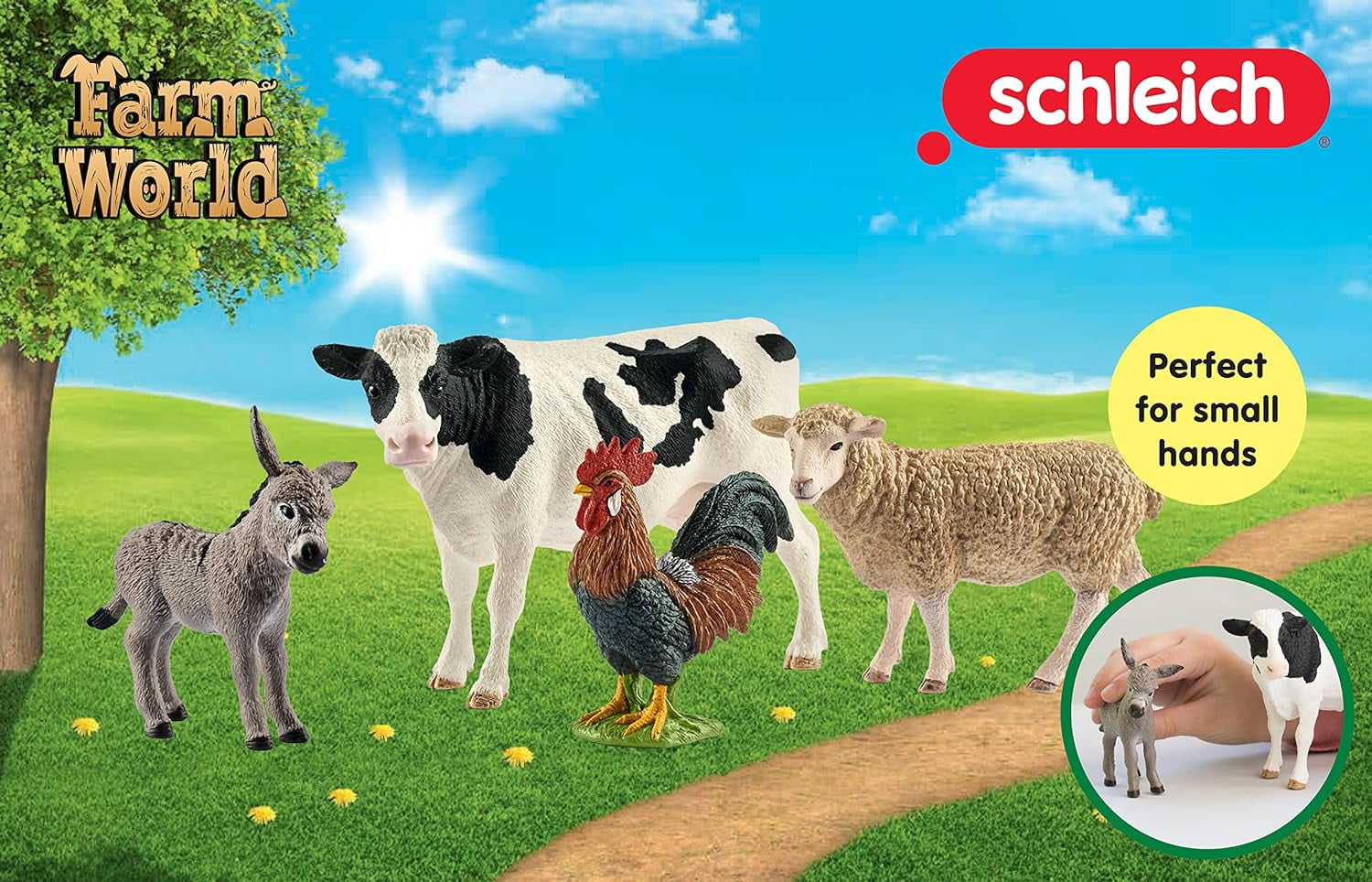 schleich Farm World - 4 PC Barnyard Animal Figurine Set with Cow, Sheep, Rooster and Donkey - Animal Toy Set for Kids Ages 3+