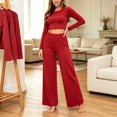thumbnail image 2 of Kyntgho Women's Two Piece Pajama Set, Long Sleeve Cropped Crew Neck Top with High Waist Wide Leg Pants, for Lounging and Restful Nights, 2 of 6