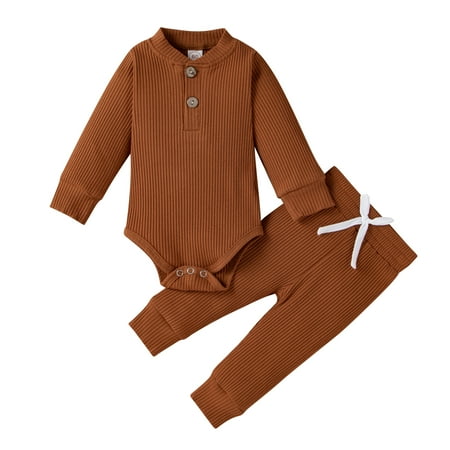 

Winter Newborn Baby Boy Girl Clothes Set Ribbed Outfits Unisex Infant Solid Cotton Button Long Sleeve Tops Pants 2PCS