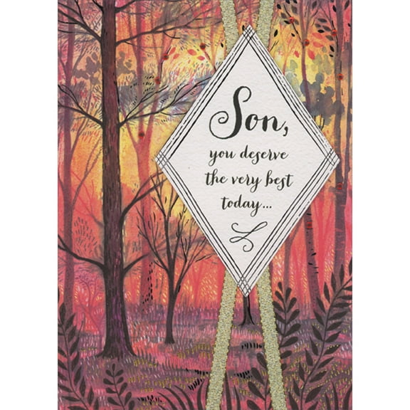 Designer Greetings You Deserve the Very Best 3D Diamond Shaped Banner and Gold Ribbons Over Red Forest Hand Decorated Father's Day Card for Son