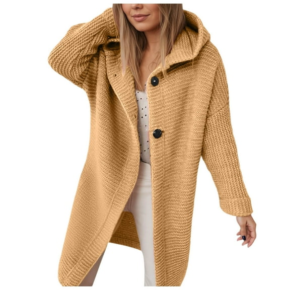 Fiaer Women's Long Hooded Knit Cardigan Sweaters Casual Loose Fit Long Sleeve Cozy Fall Winter Button Down Tops for Daily Yellow XL
