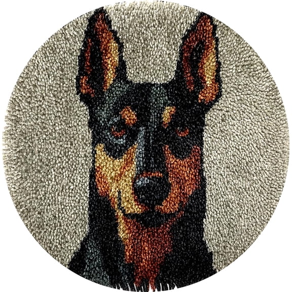 Black Doberman Dog Latch Hook kits Mini Rug DIY Handmade Crochet Yarn Needlework Hook and Latch Kit Printed Canvas Carpet Cushion Cover Home Christmas Decoration 30x30cm