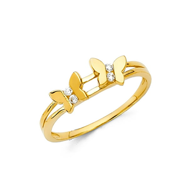 GemApex CZ Butterfly Ring 14k Yellow Gold Love Band Two Butterflies Promise Ring Right Hand
