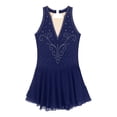thumbnail image 5 of iEFiEL Womens Rhinestone Figure Skating Dress Chiffon Illusion Deep V-neck Ballet Lyrical Leotard Dance Dress Navy Blue XXL, 5 of 7