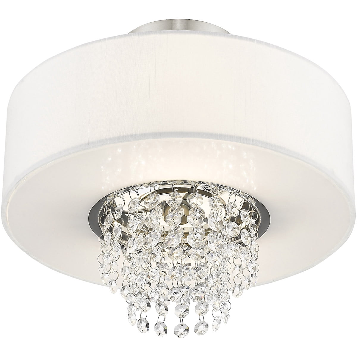 2 Light Brushed Nickel Ceiling Light fixture with Clear Crystals/ Hand Crafted Off-White Fabric Hardback Shade