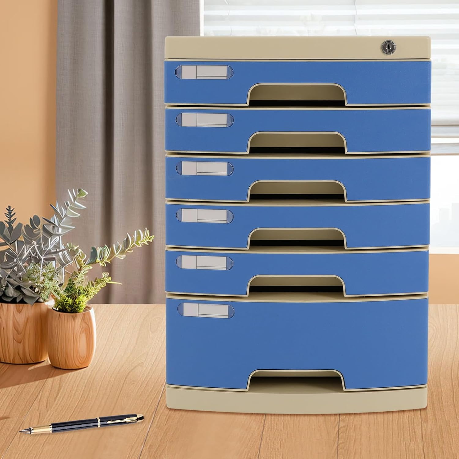 6 Compartments Home Desktop Drawer Organizer Literature Organizer with Key Office Drawer File Organizer Storage Bin Container for Desk Accessory Stationery
