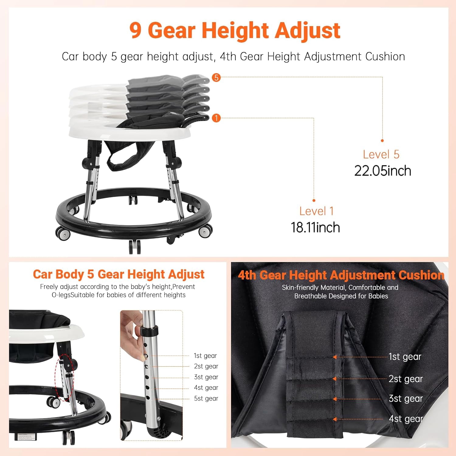 Baby Walker, Portable/Foldable/9 Adjustable Heights/With Wheels/Anti-Rolling, For Babies 6-12 Months,Black