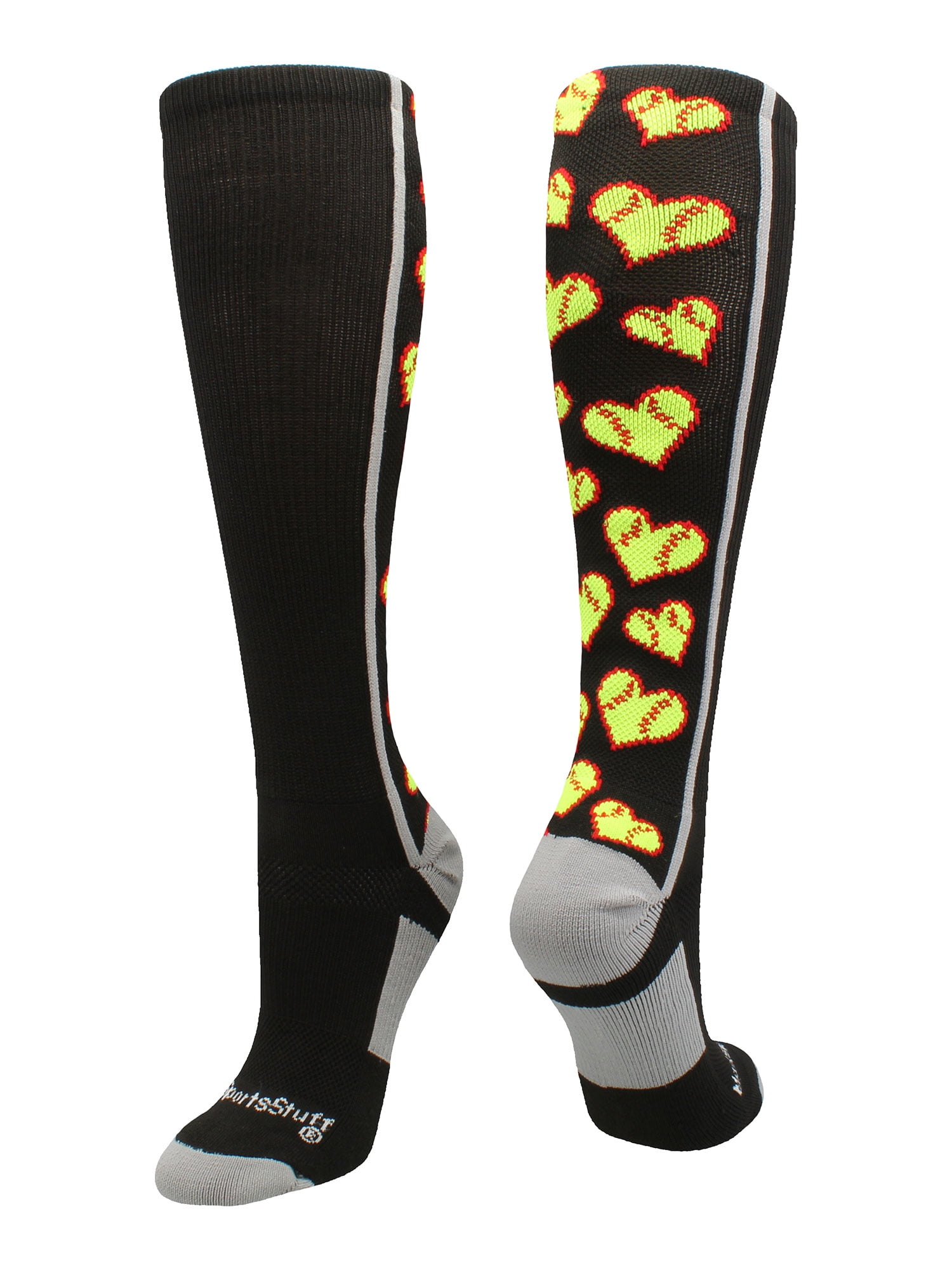 Love Softball Socks with Hearts Over the Calf (Black/Grey, Large)