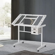 YWEN Rolling Drafting Table on Wheels, Painting Table Art Craft Desk Crafting Table with Tilting Transparent Tempered Glass Top, 2 Fabric Storage Drawers and 4 Wheels