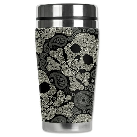

Mugzie brand 16-Ounce Stainless Steel Travel Mug with Insulated Wetsuit Cover - Paisley Skulls