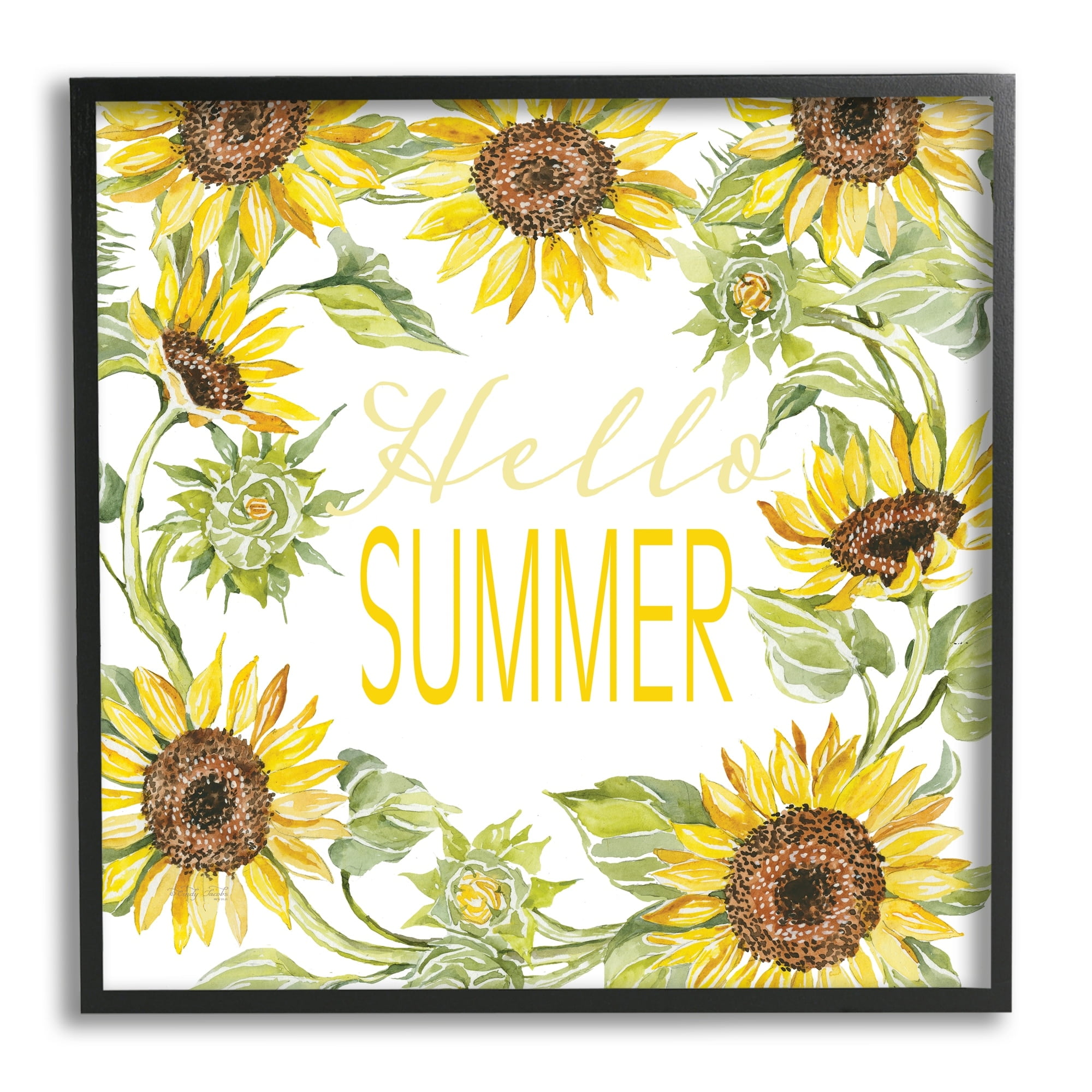 Stupell Industries Hello Summer Warm Yellow Sunflower Typography Border Graphic Art Gray Framed Art Print Wall Art, Design by Cindy Jacobs