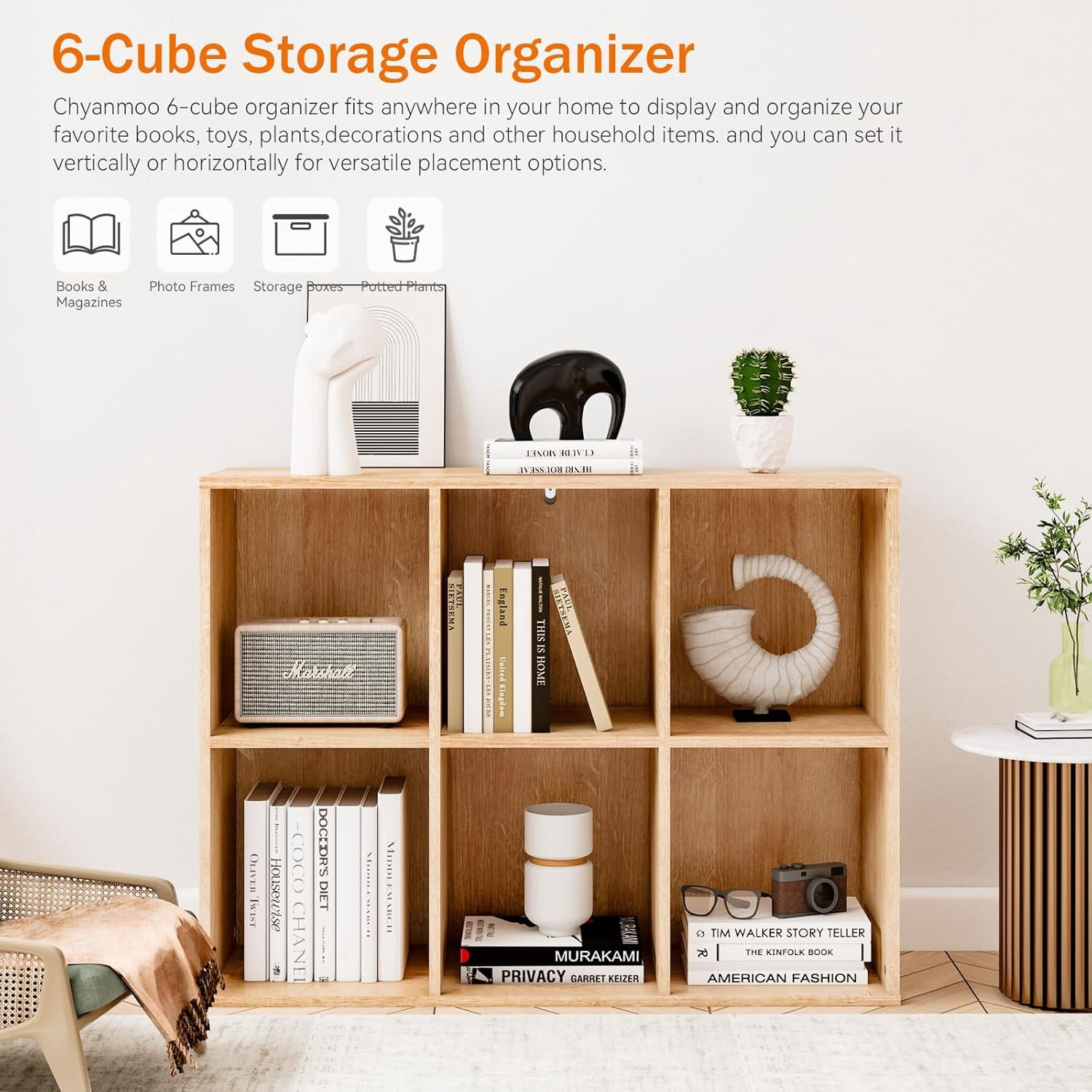KZElegy 6 Cube 11x11inch Organizer Anti-Tip Design Storage Bookshelf ,Toy & Display Wood Cube Shelf for Home and Office,Bedroom,Brown (1PS)