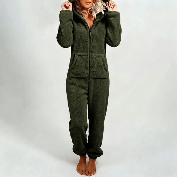 BRGZLK Womens Onesie Homewear Sherpa Hooded Jumpsuit Fuzzy Warm Romper Winter Adult Loungewear with Pockets Casual Homewear Army Green S
