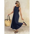 thumbnail image 6 of Navy Blue Solid Round Neck Sleeveless Loose A-Line Maxi Dress For Women, 6 of 7