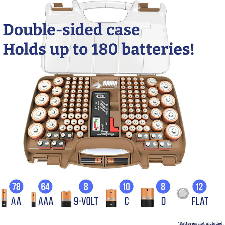Battery Storage Organizer, The Battery Organizer Storage Case with Tester,  Clear Battery Case, Battery Holder for 180 Batteries of Various Sizes,  Cocoa 