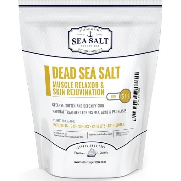 Sea Salt Superstore Natural Dead Sea Salt for Soaking - Fine Grain Mineral Bath Salts from Israel Supporting Muscle Relaxation & Skin Rejuvenation - Home Spa Essentials - (5lb Bag)