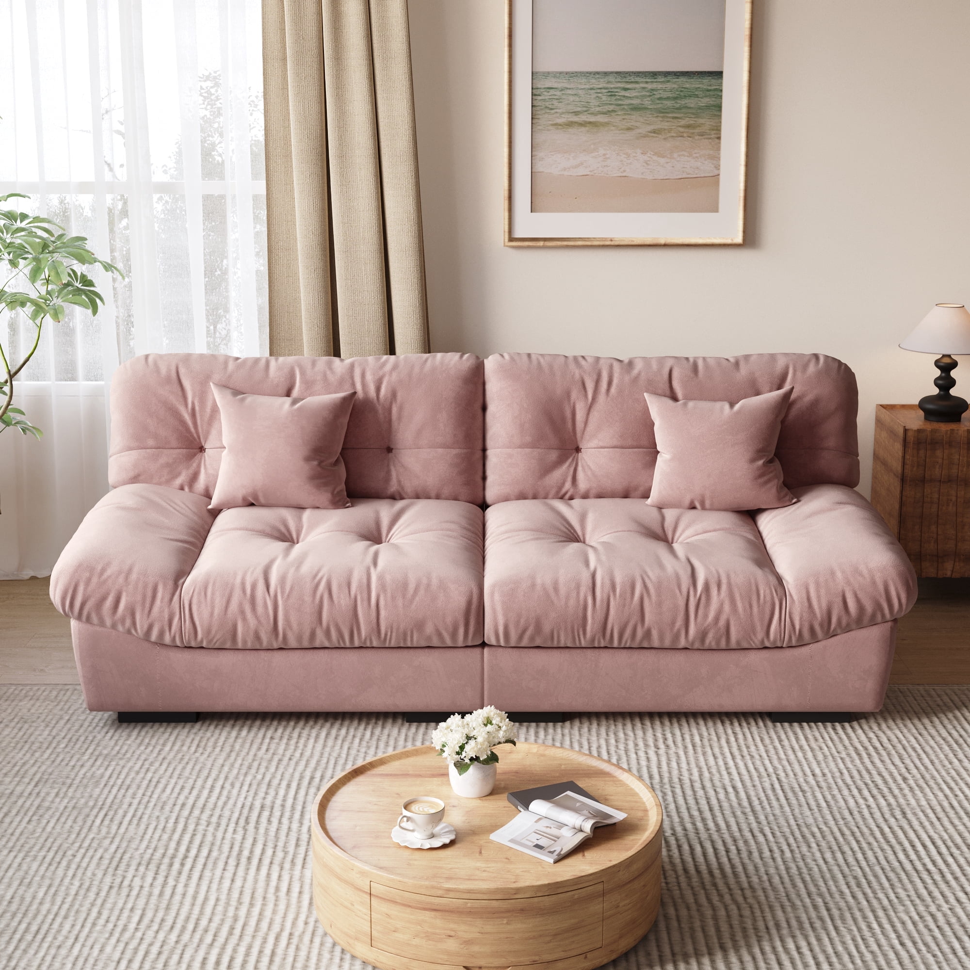 Magic Home 89" Cloud Sofa,Modern Velvet Couch,3-Seat Sofa for Living Room,Apartment and Small Space,Pink