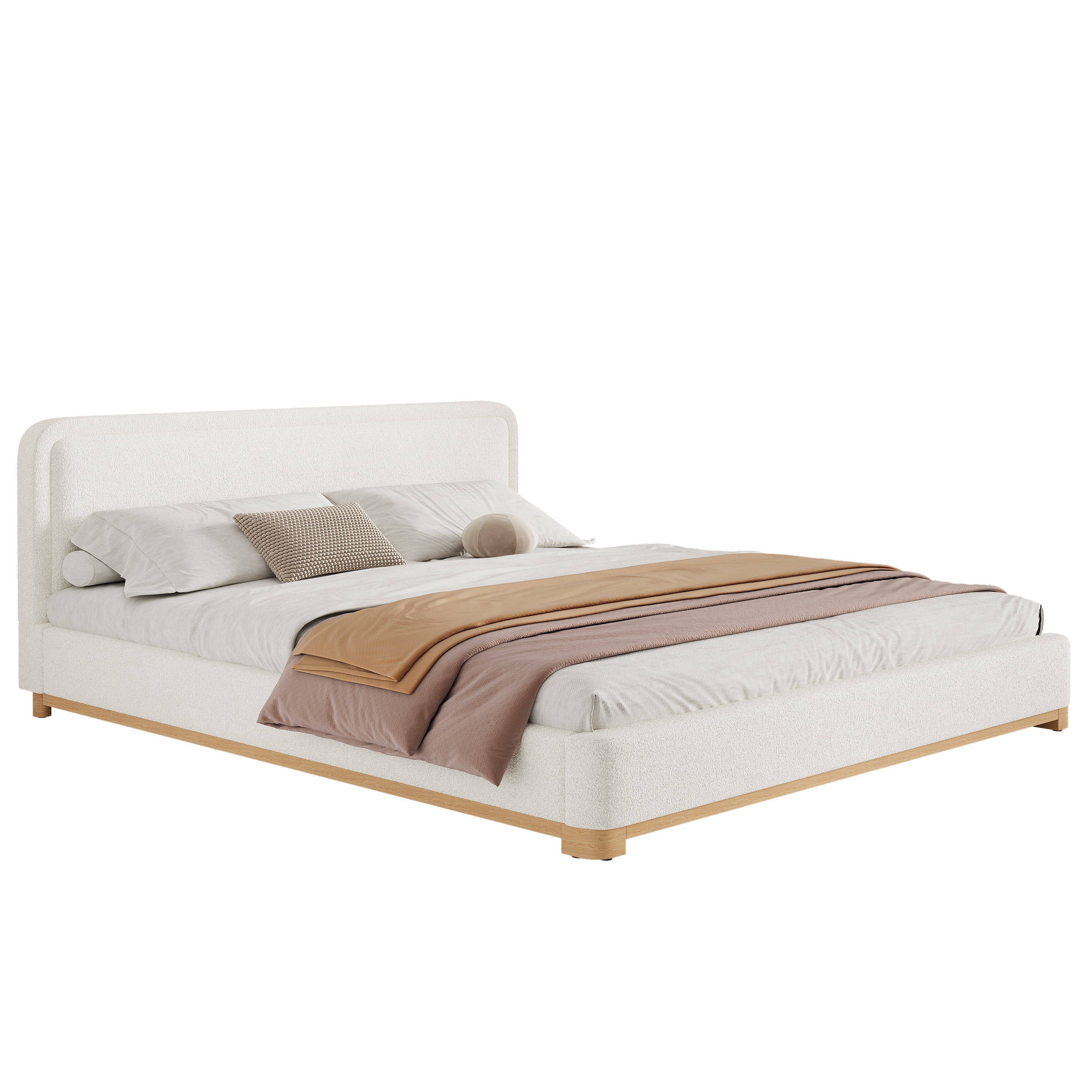 King Size Bed Frame with Boucle Upholstered Curved Headboard & Solid Wood Base, Platform Bed for Bedroom, White