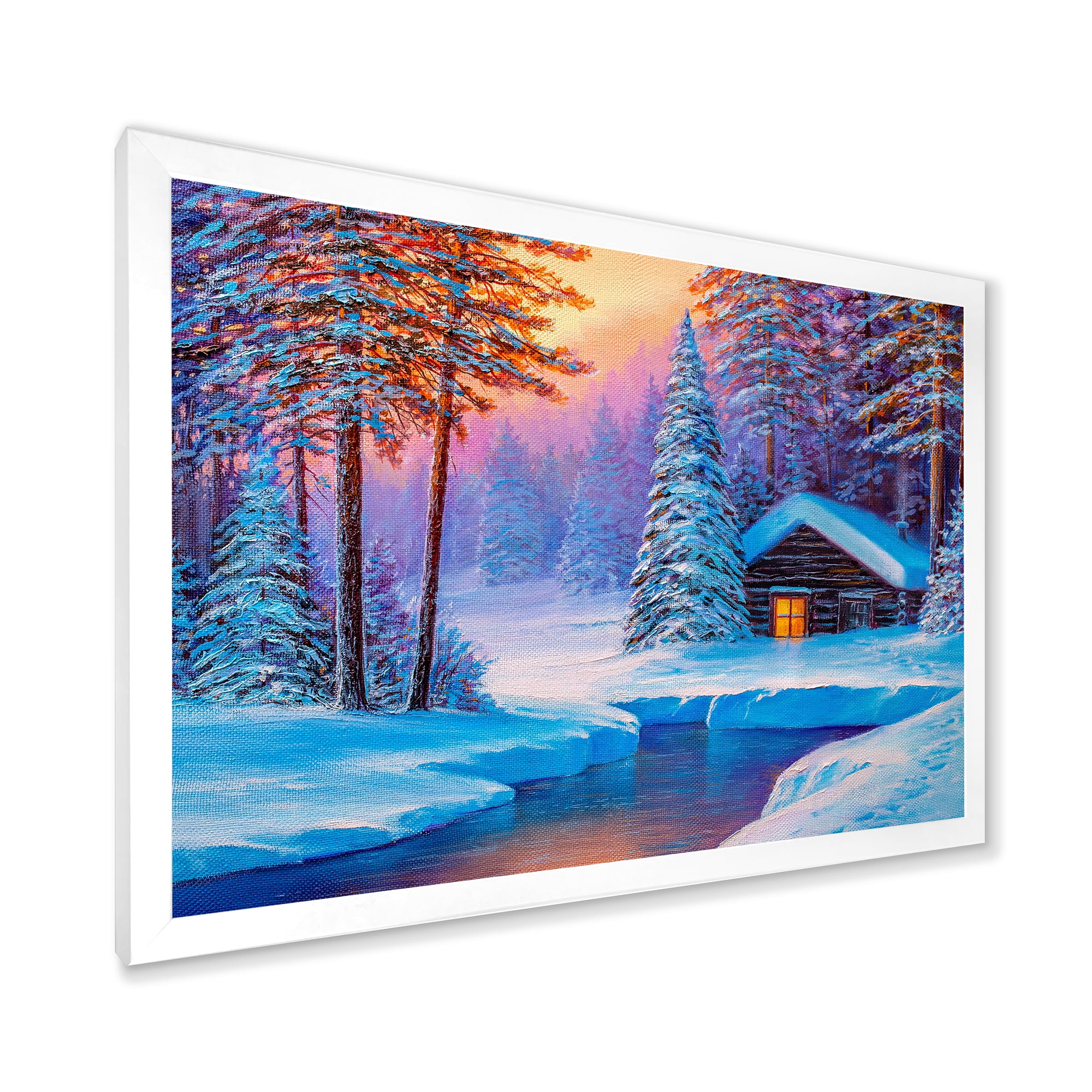 Designart 'Old Cabin In Winter Forest In Evening Glow I' Traditional Framed Art Print