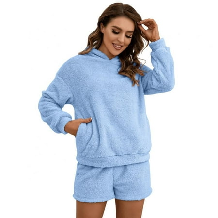 

Women Pajamas Set Autumn Winter Coral Fleece Loungewear Top and Shorts 2-Piece Casual Sleepwear Warm Homewear Night Clothes